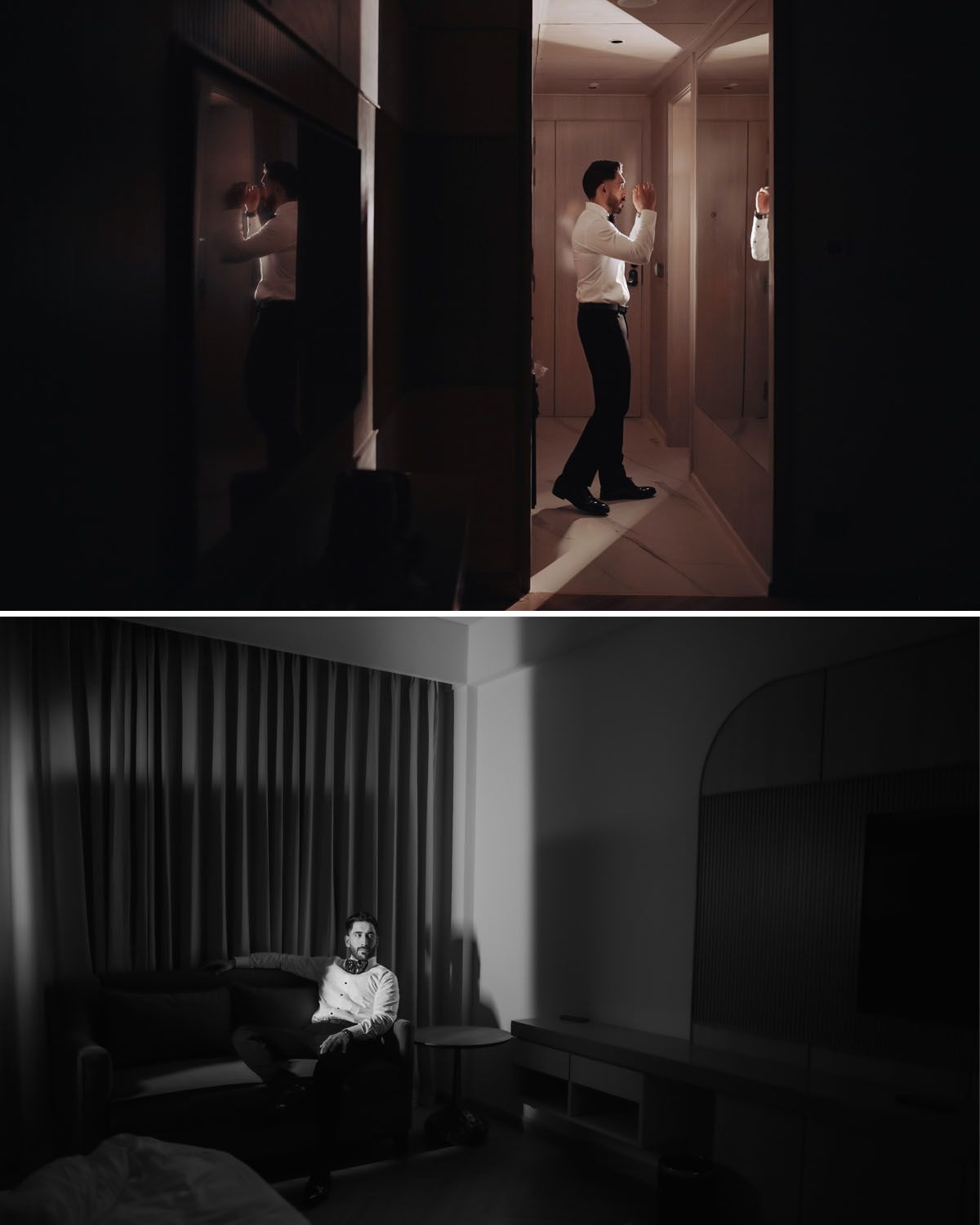 Moody photo series showing person in formal attire posing in hallway and sitting in dark room.