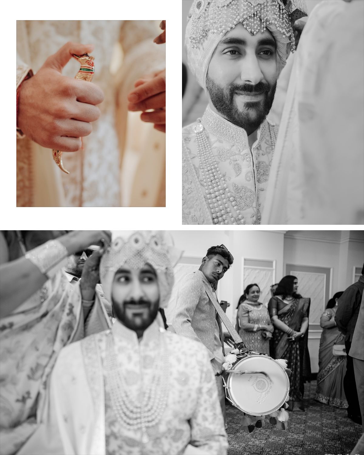 A collection of candid wedding moments showing jewelry, portraits and celebrations.