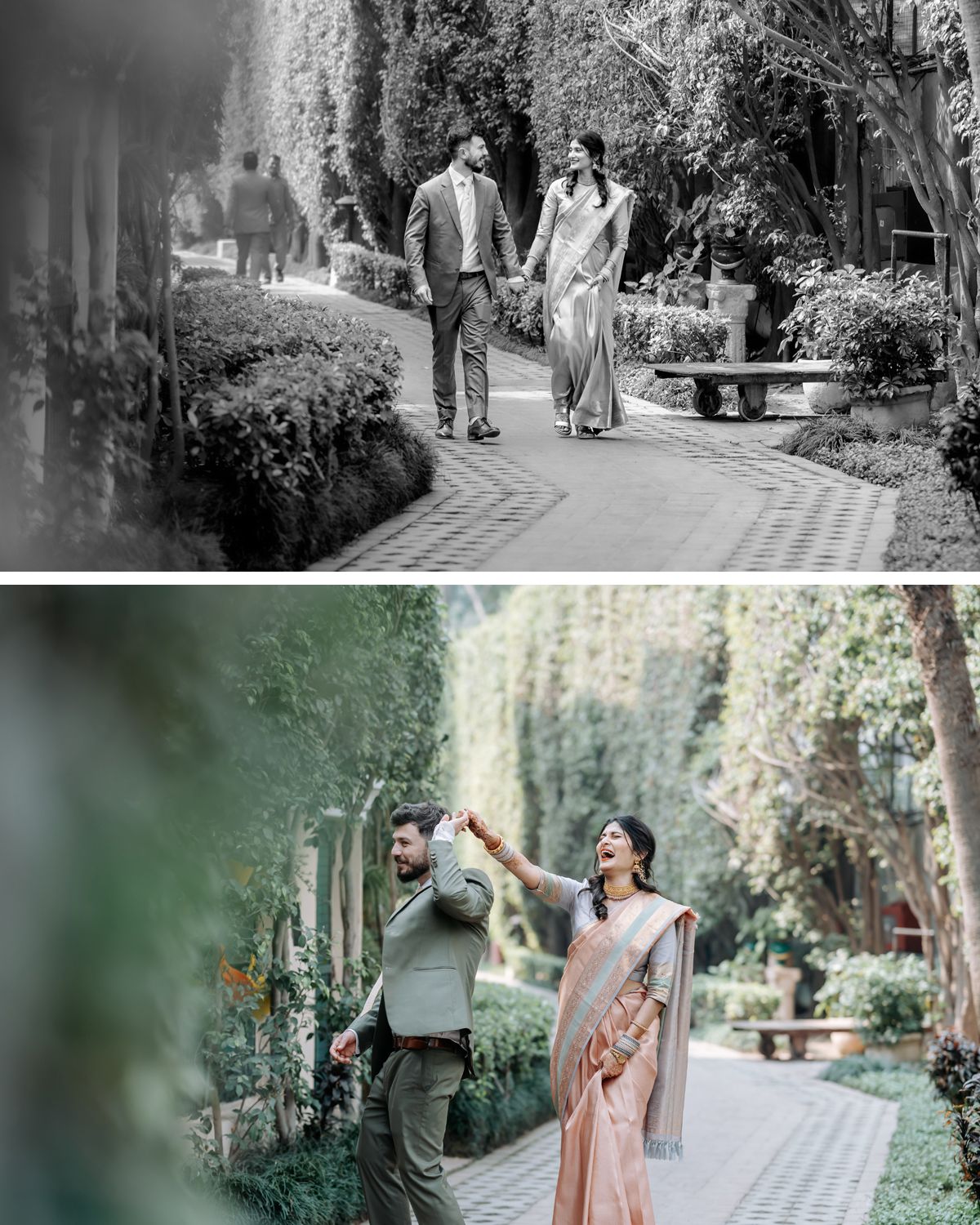 Romantic couple walking through garden pathway in traditional wedding attire.