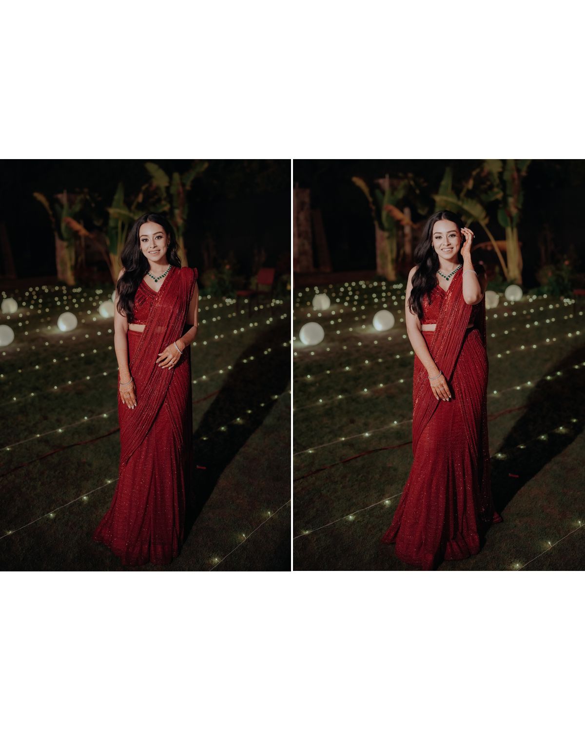 Evening photography of red saree against illuminated outdoor setting.