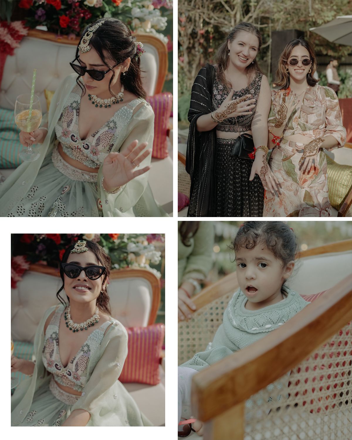 Four vintage-styled lifestyle photos showing people in casual settings with retro fashion and sunglasses at a social gathering.