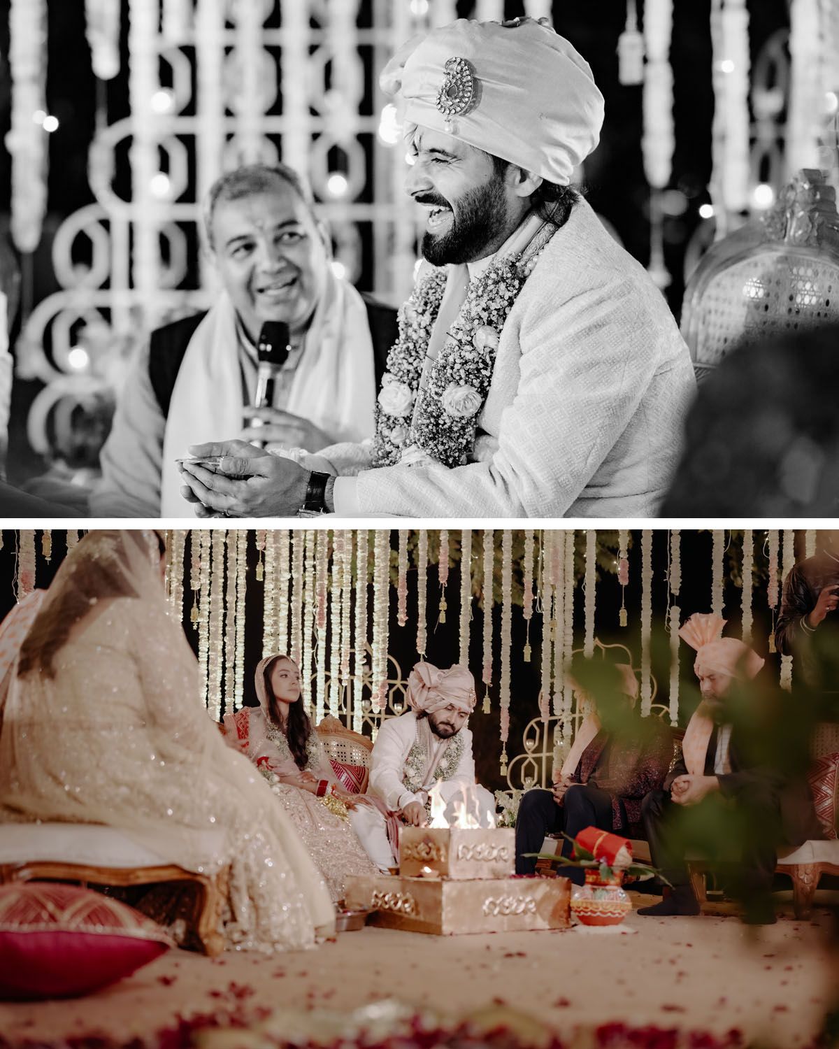 Traditional Indian wedding ceremony showing participants during an intimate and joyous ritual moment.