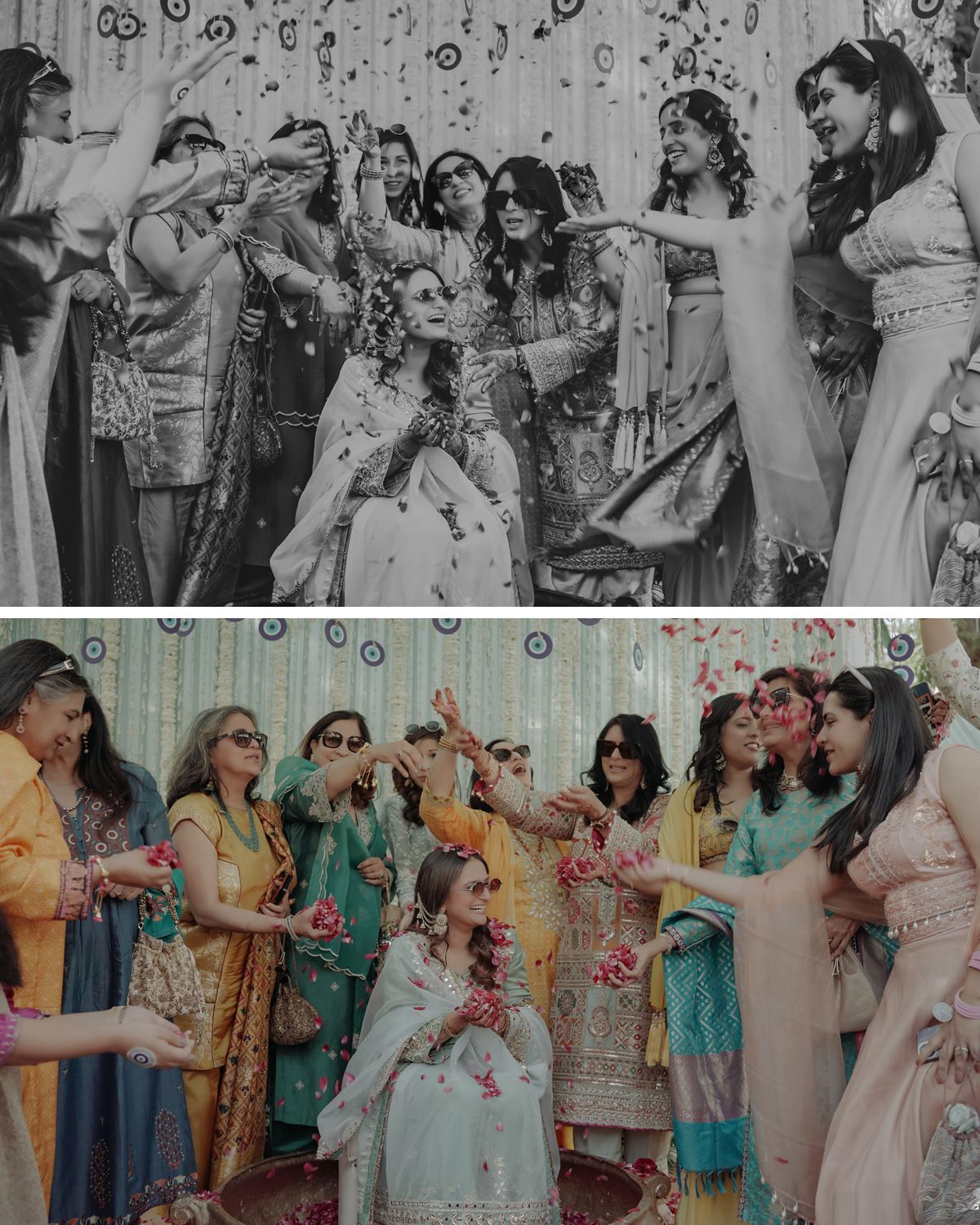 Before and after comparison of wedding celebration with friends throwing rose petals.