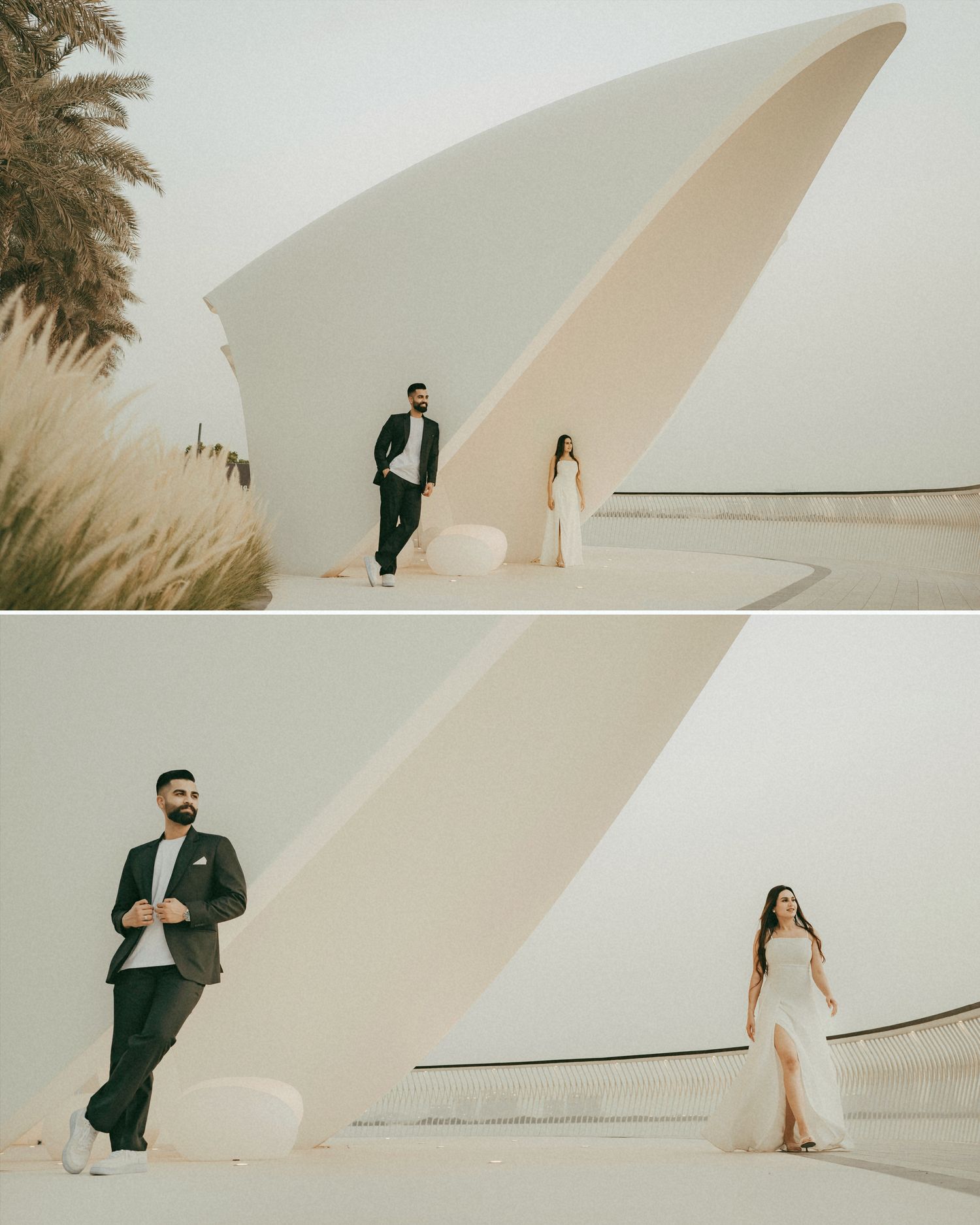 Couple posing near a modern white curved sculpture outdoors, man in dark suit and woman in elegant white gown.