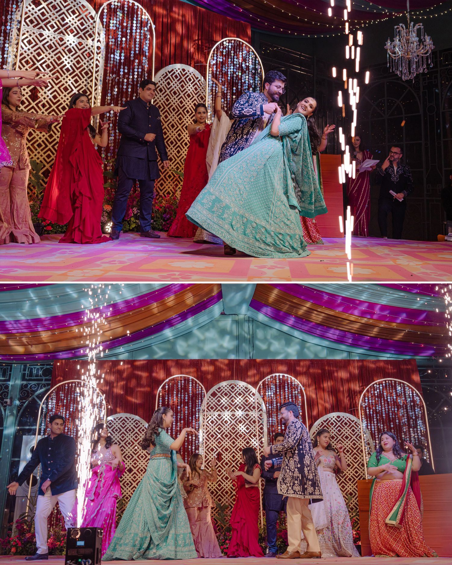 Colorful Indian wedding sangeet celebration with guests dancing on a decorated stage with floral arches and festive lighting.