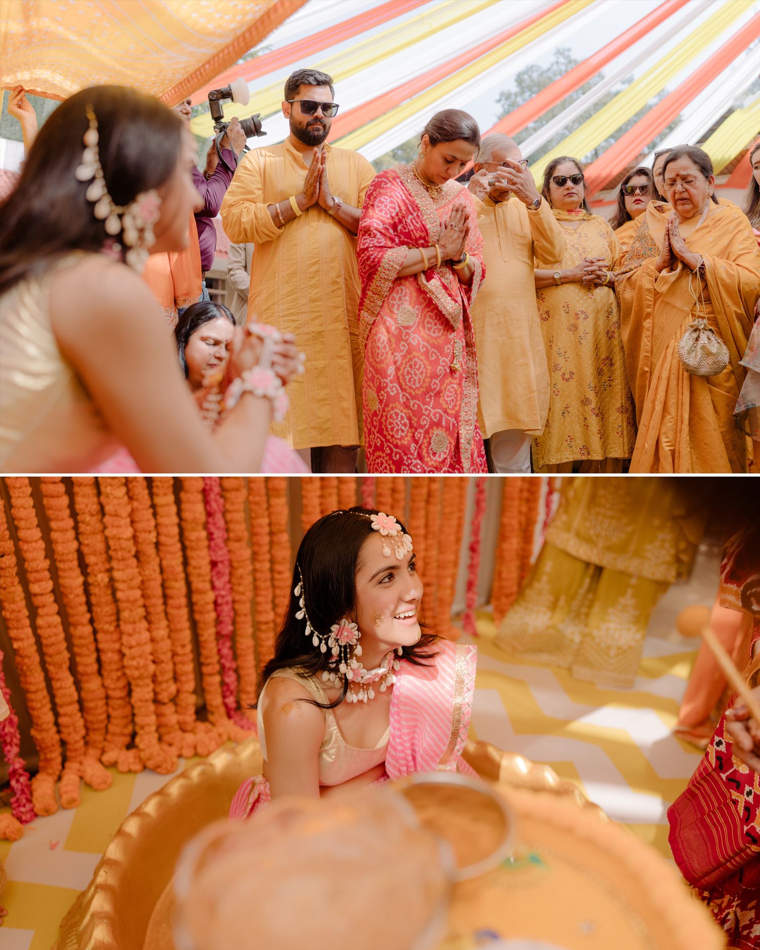 Vibrant Indian wedding ceremony with guests in traditional attire, marigold decorations, and a bride in pink lehenga.
