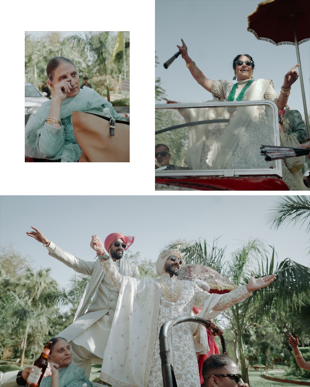 Celebratory moments from an Indian wedding baraat procession with dancing and festivities.