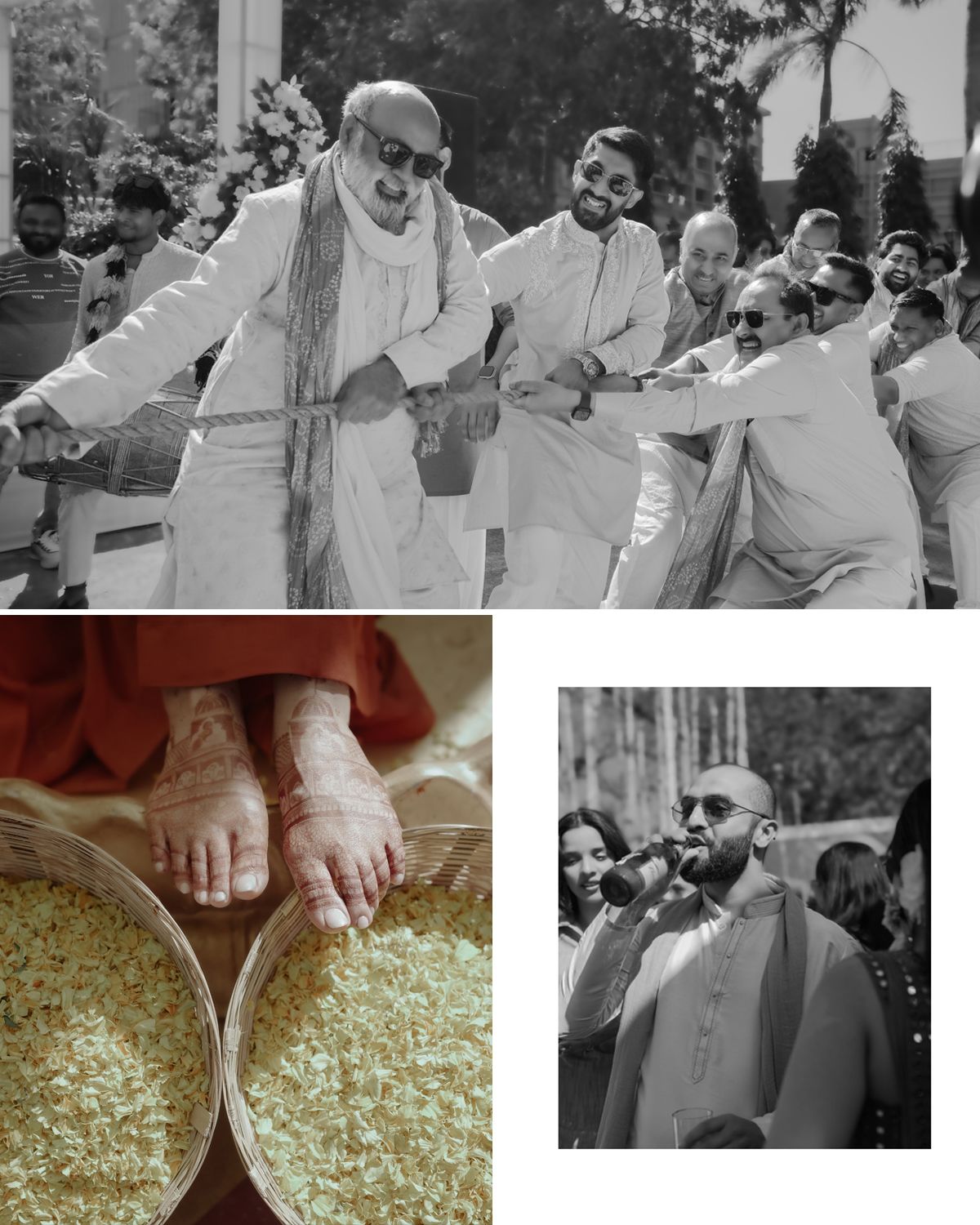 Festive dance celebration with close-up of ceremonial items in traditional Indian wedding.