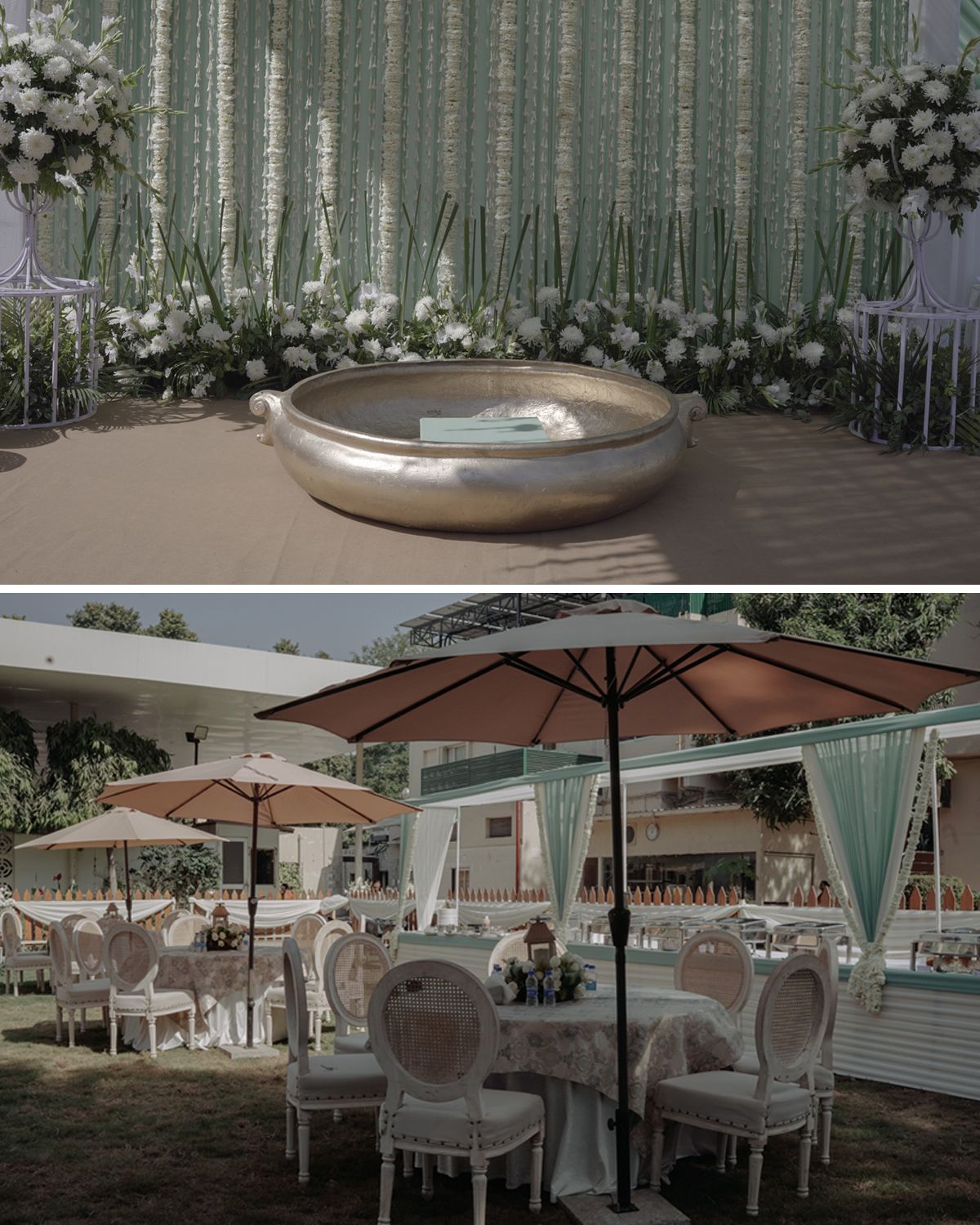 Outdoor wedding venue with elegant seating arrangements and draped backdrop.