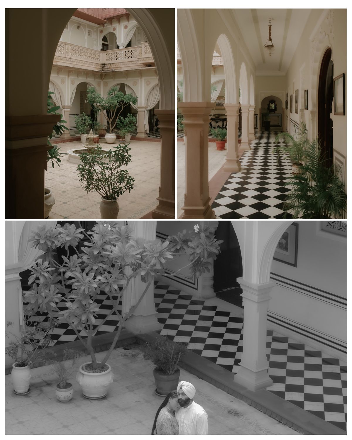 Three views of elegant colonial architecture featuring arched corridors and checkered floors.