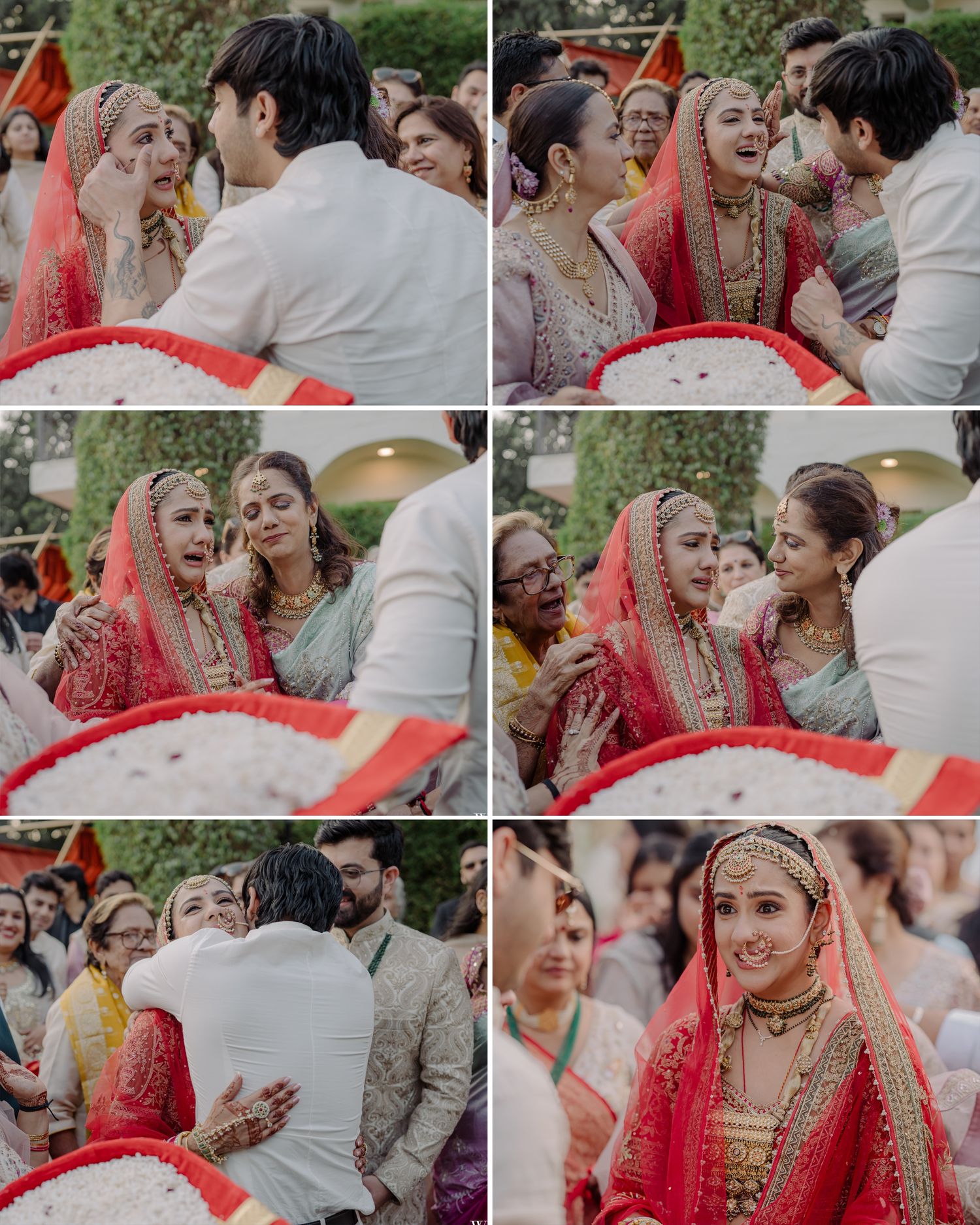 Indian bride in red lehenga and gold jewelry during traditional wedding ceremony surrounded by family and guests.