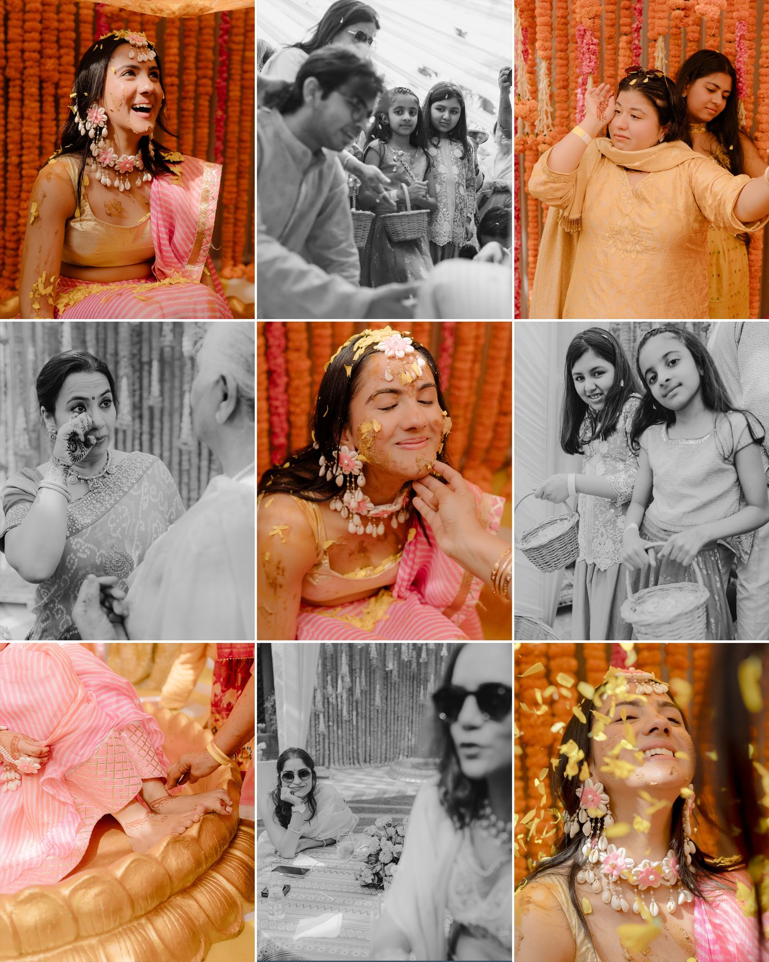 A vibrant Indian wedding collage featuring haldi ceremony moments with floral jewelry, turmeric rituals, and joyful celebrations.