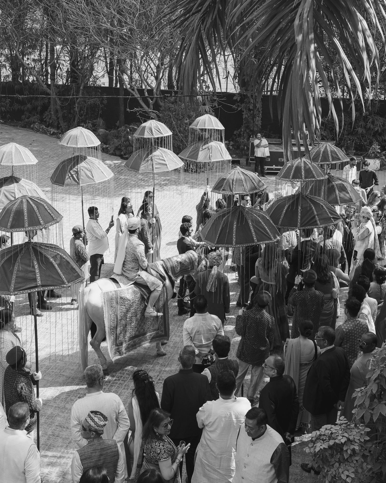 Black and white aerial view of a traditional elephant procession with decorative umbrellas and crowds at a cultural ceremony.
