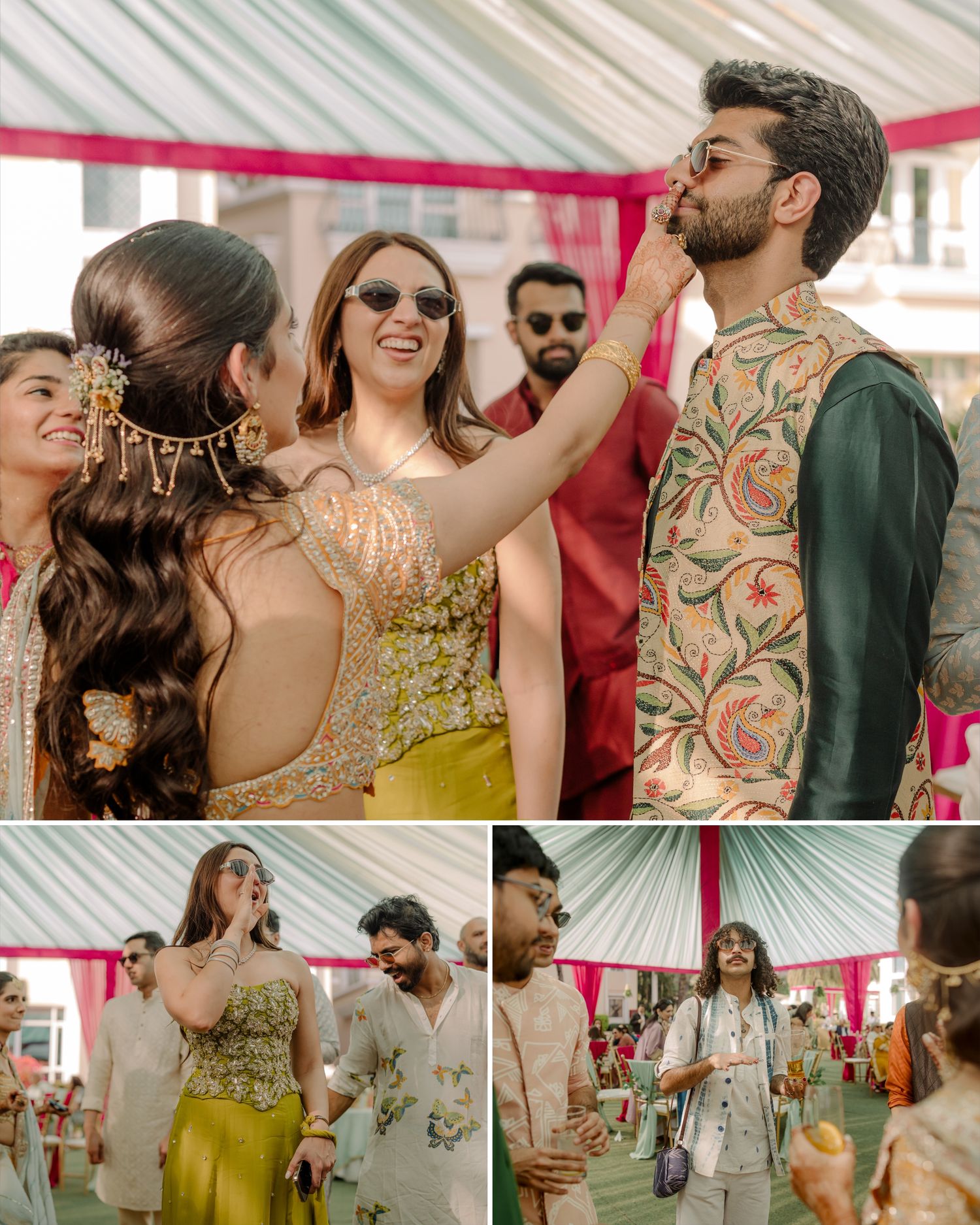 Guests celebrate at a vibrant Indian wedding ceremony, with women in colorful lehengas and men in sherwanis sharing joyful moments.