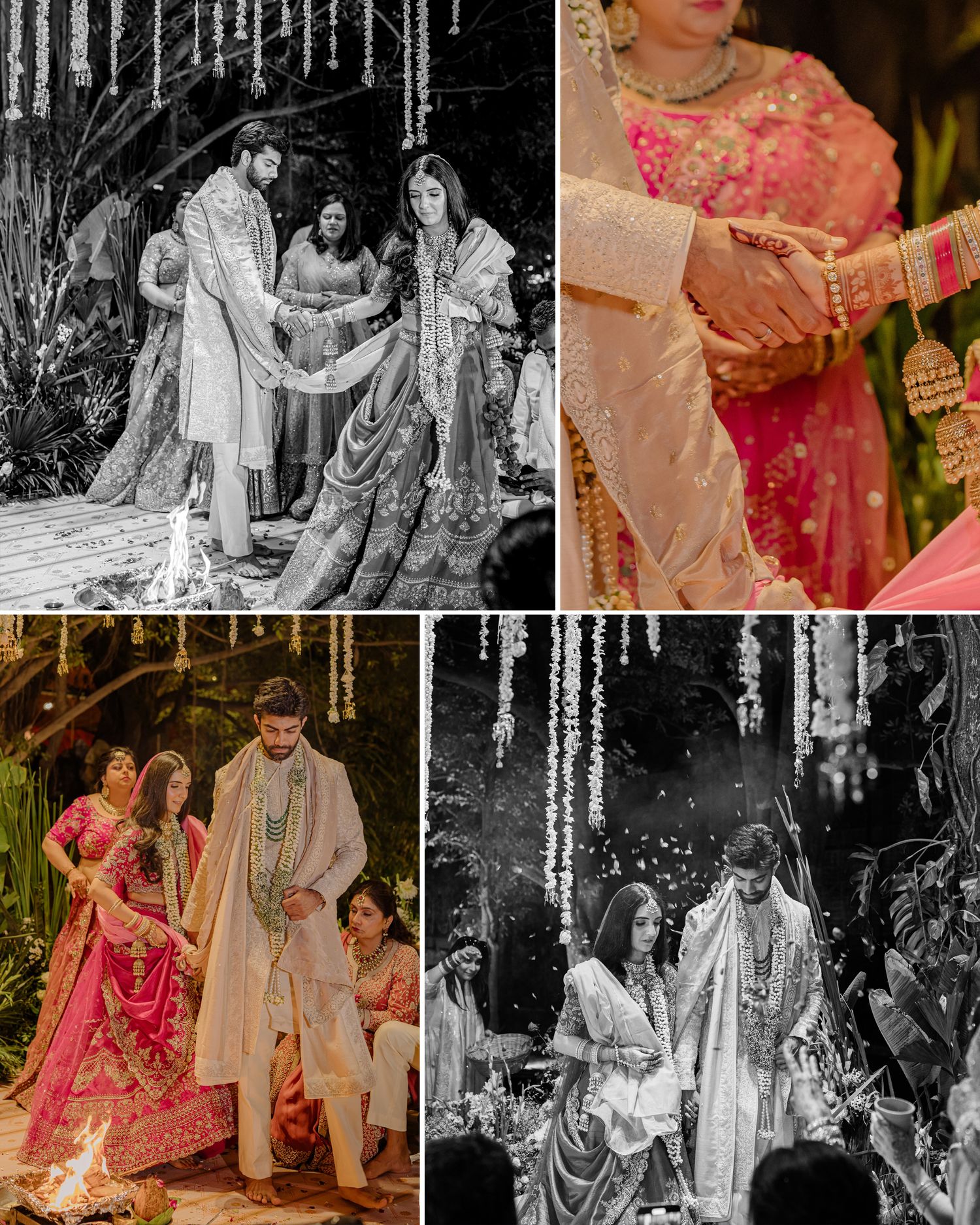 Indian wedding ceremony collage featuring bride and groom exchanging garlands in traditional attire.