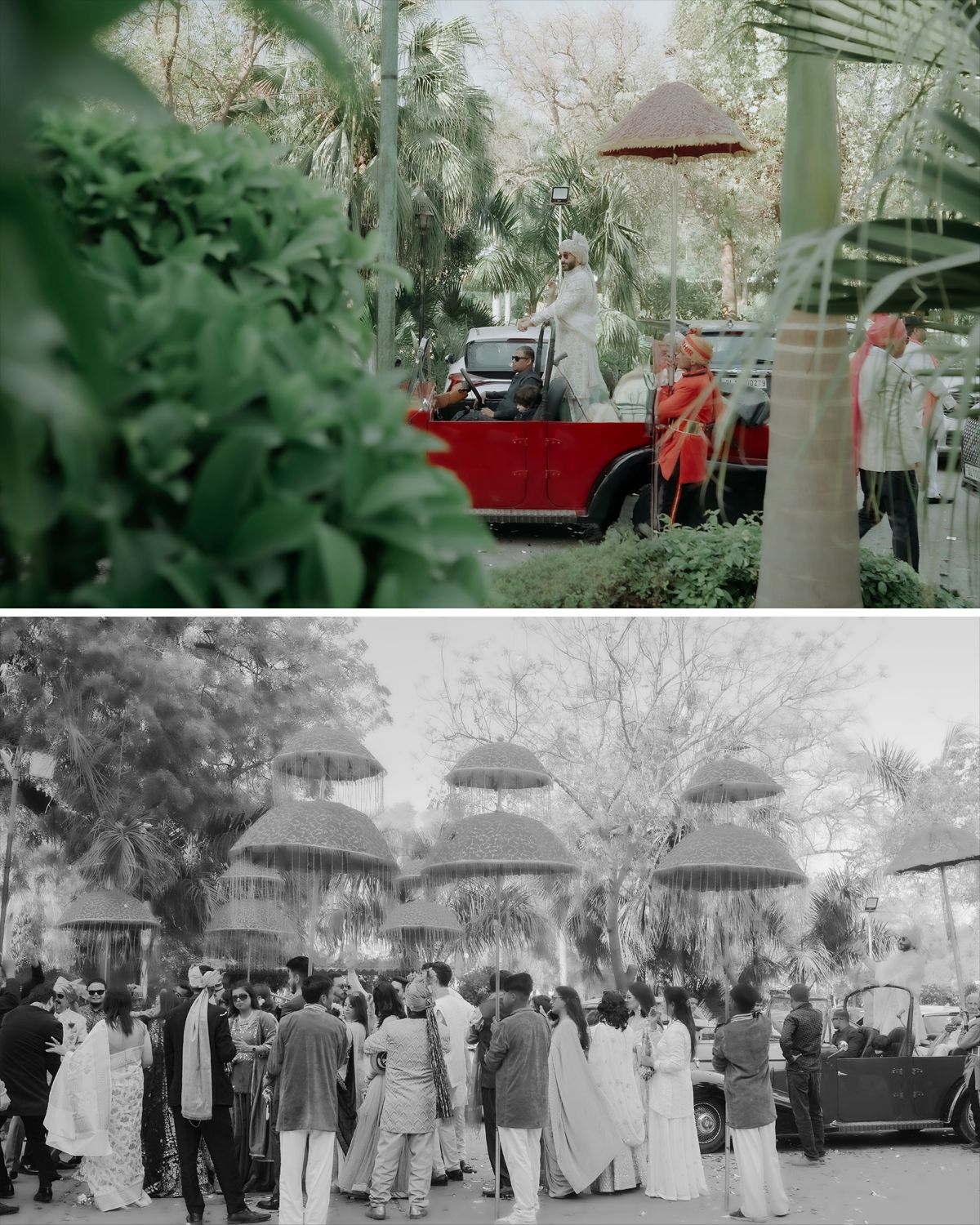 Vintage cars and traditional architecture at an Indian wedding venue with guests gathering.