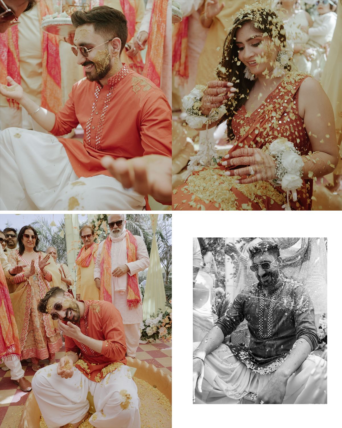 Collage of wedding celebration moments showing traditional rituals and festivities.