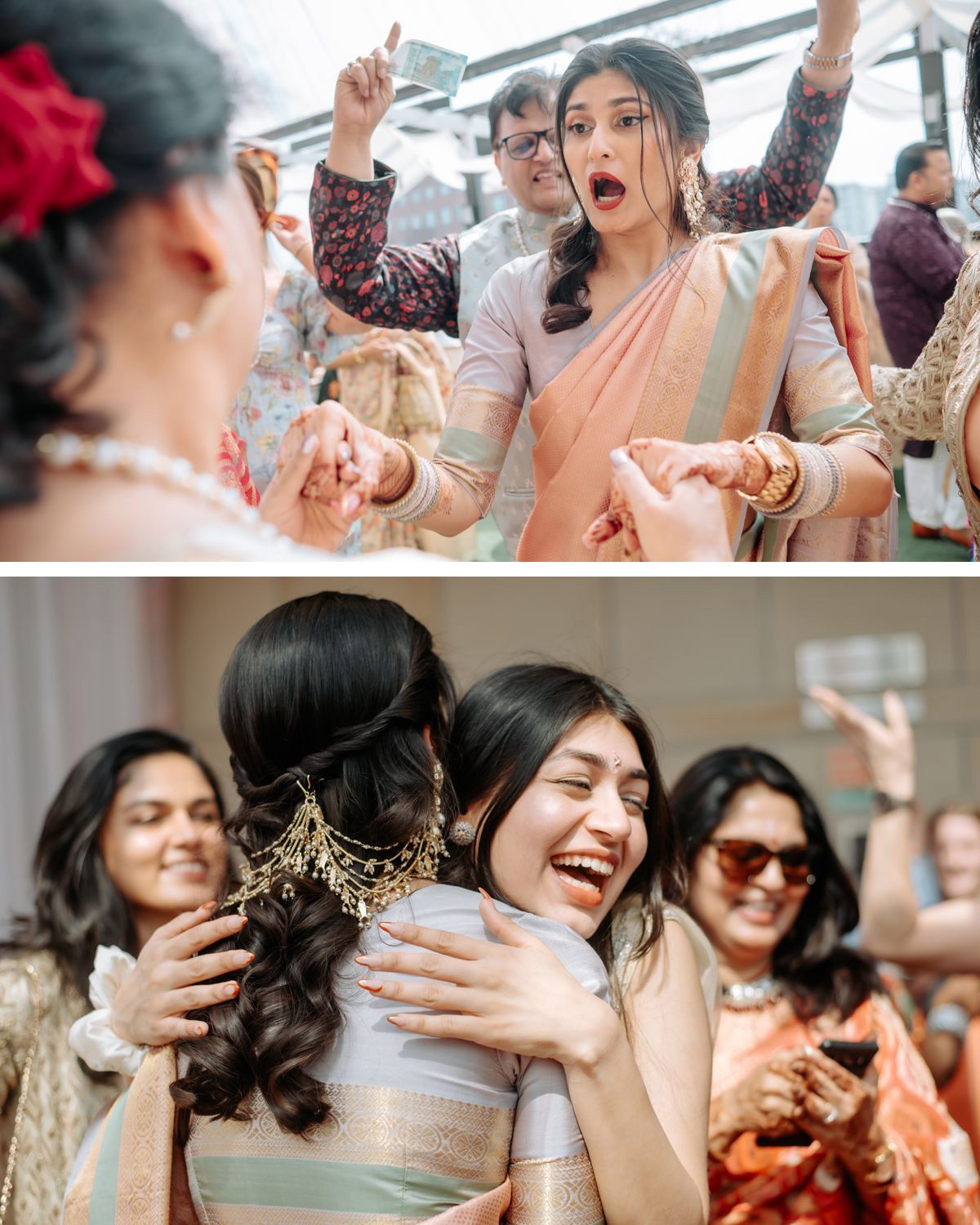Wedding celebration with guests dancing and embracing in traditional South Asian attire.