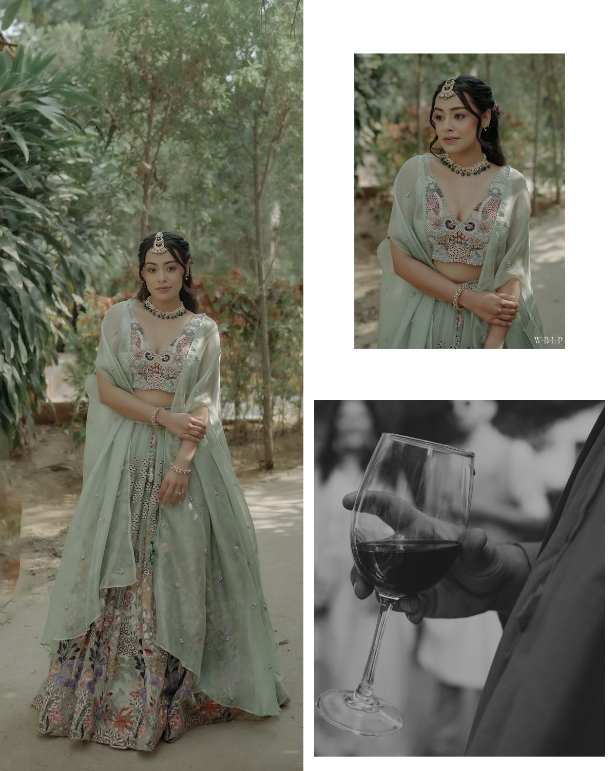 Wedding photography featuring full-length shots of mint green traditional dress and wine glass detail.