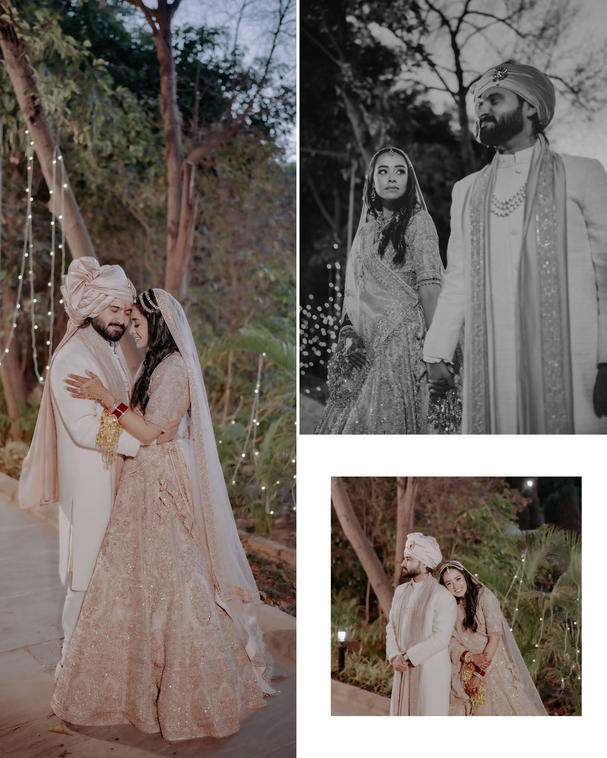 A collection of romantic wedding photos showing a couple in traditional South Asian attire in a garden setting.