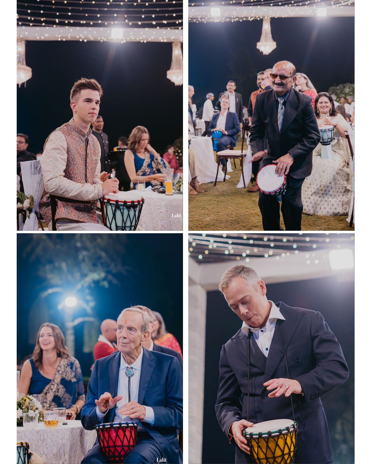 Collage of guests playing drums during an outdoor celebration with fairy lights and chandeliers.