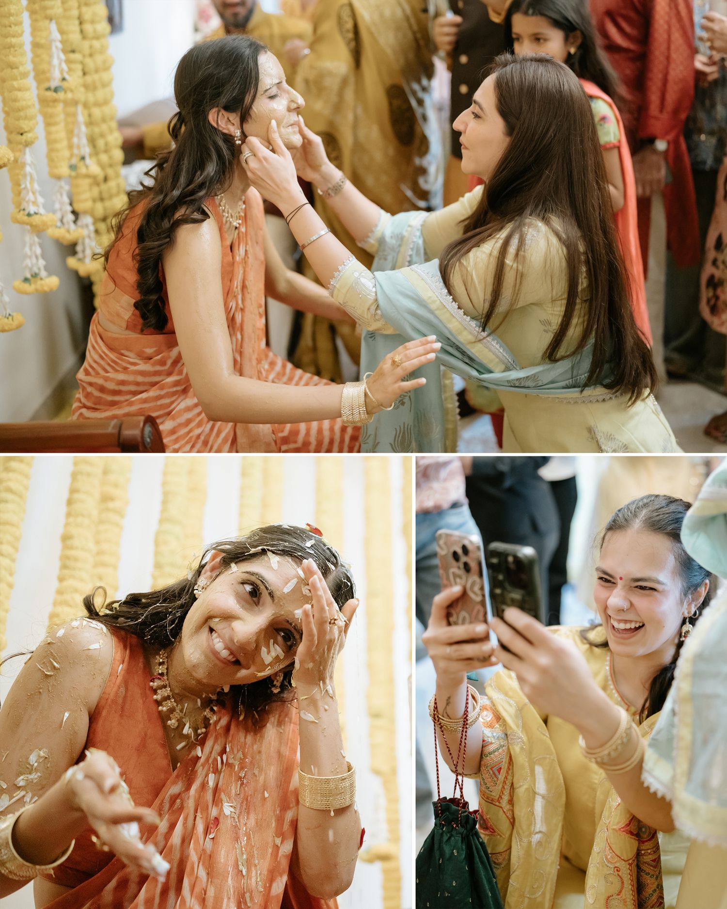 Women celebrating an Indian wedding ceremony with haldi ritual, laughing and taking selfies in traditional attire.