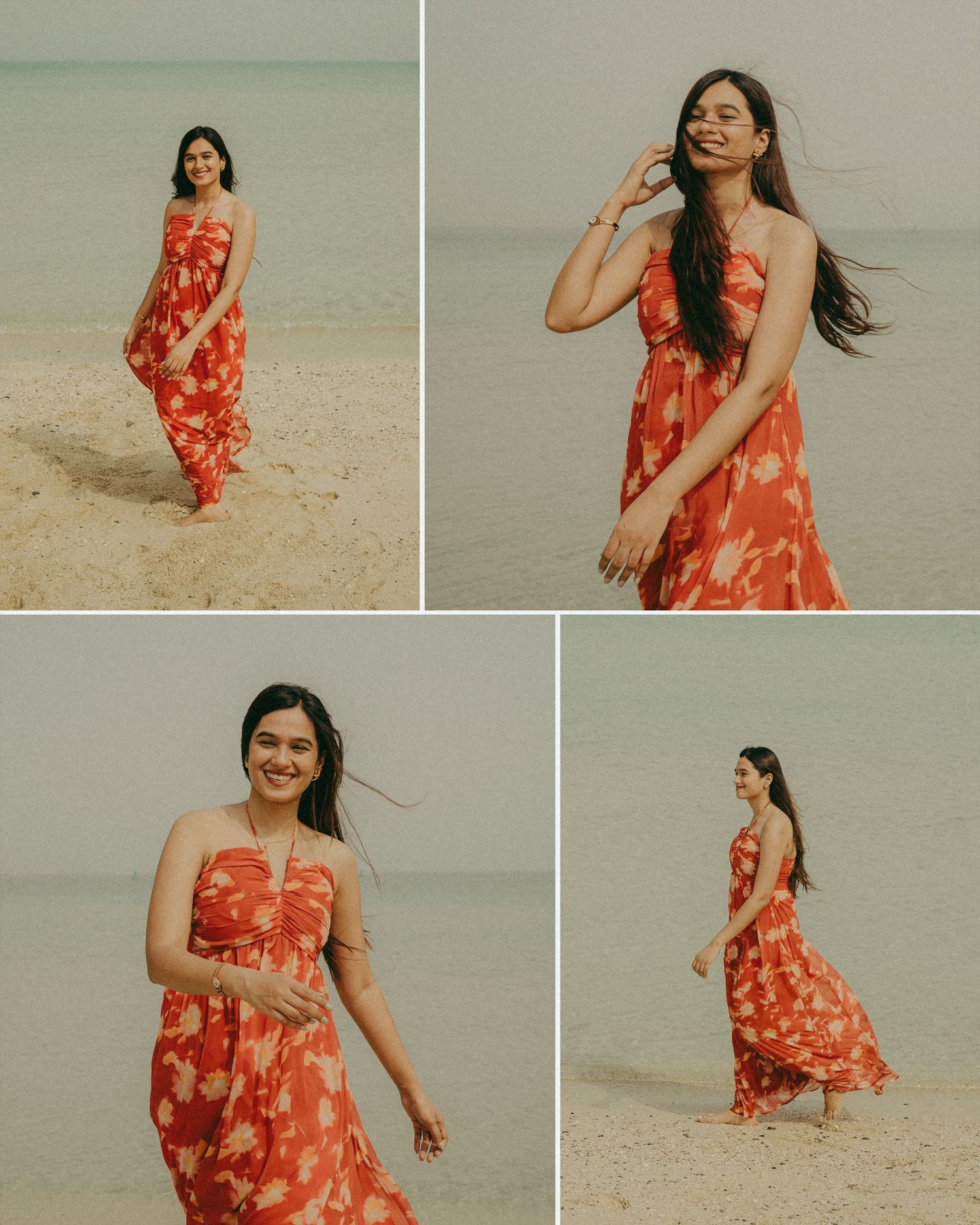 Woman in red floral maxi dress posing on sandy beach, collage of four photos showing different elegant poses.