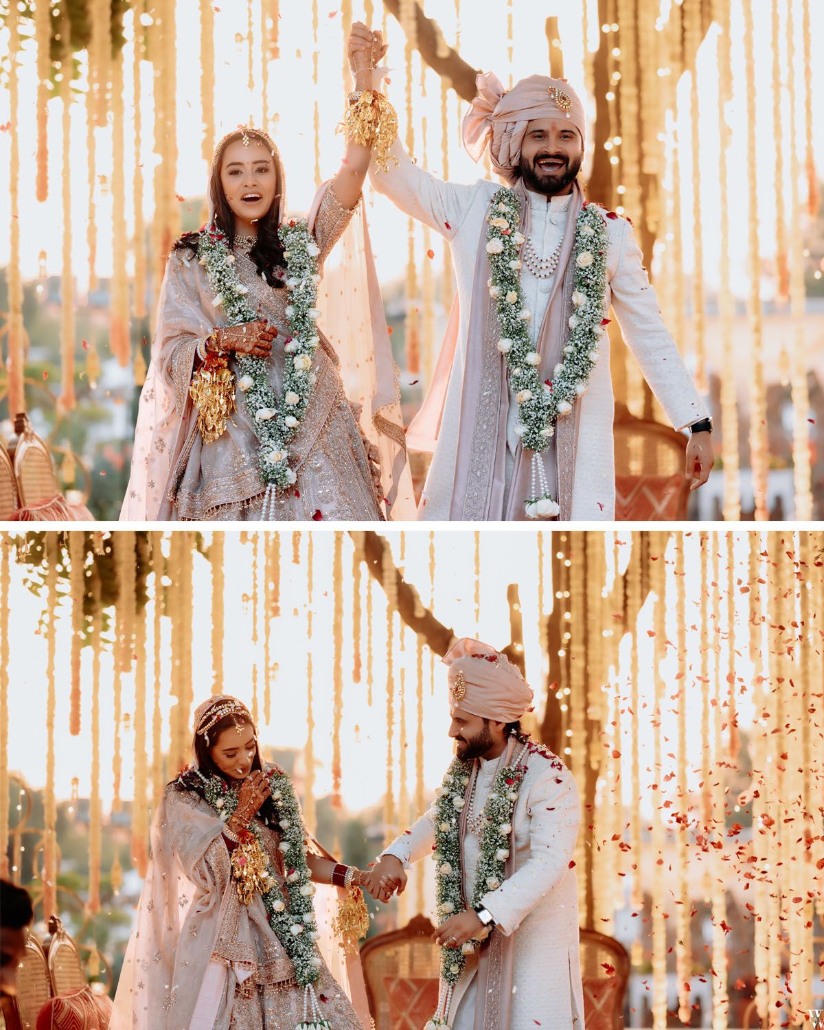 Joyful wedding celebration with traditional Indian attire and string light decorations in golden hour sunlight.