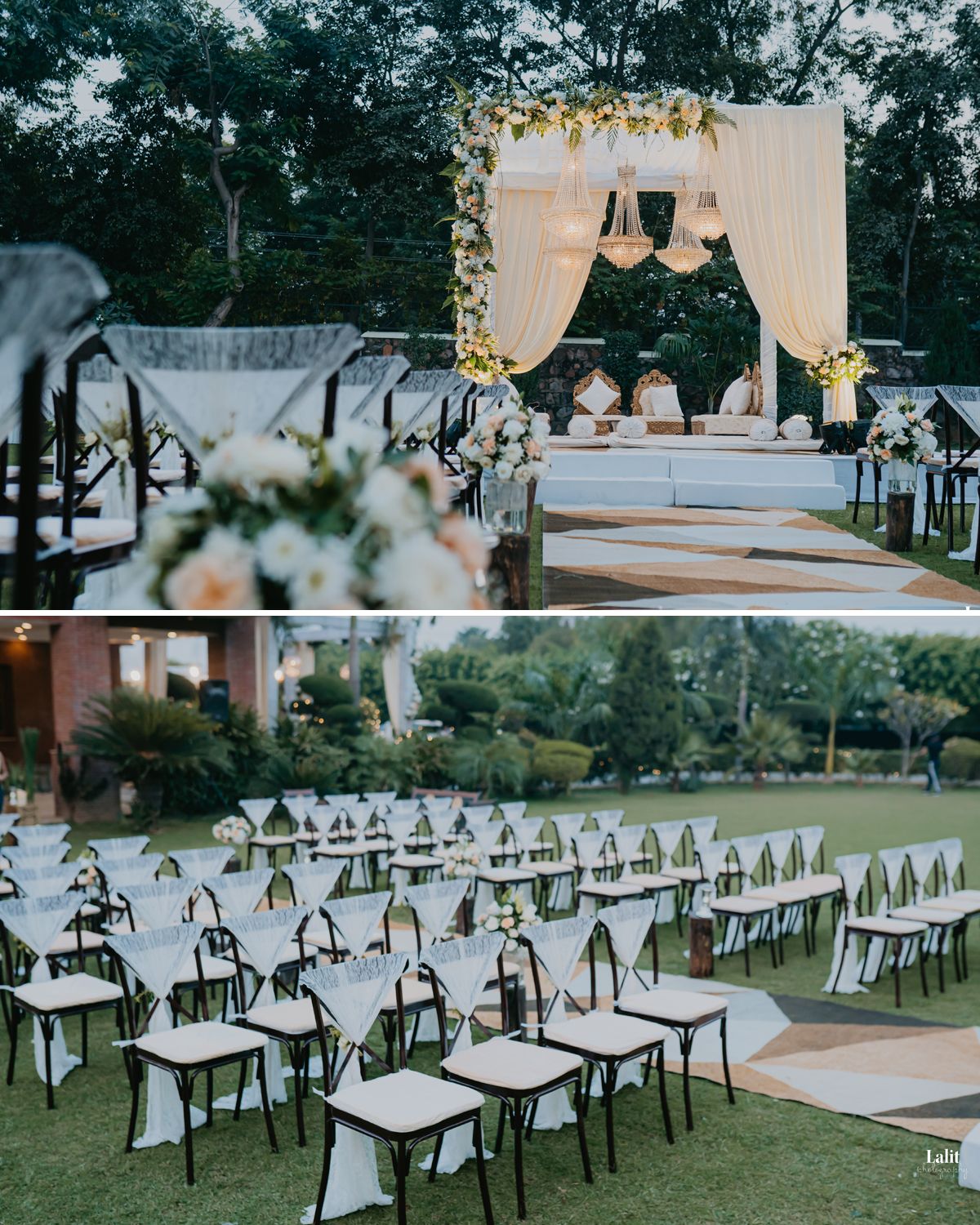 Outdoor wedding setup with a decorated mandap and rows of white chairs on a green lawn.