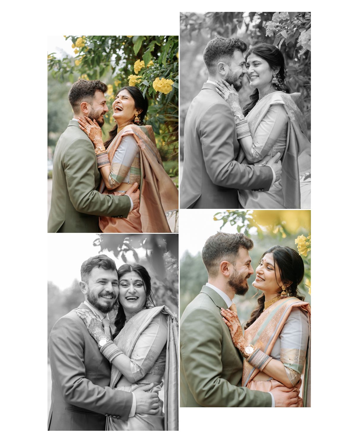 Collection of romantic wedding photos showing tender moments in a garden setting.