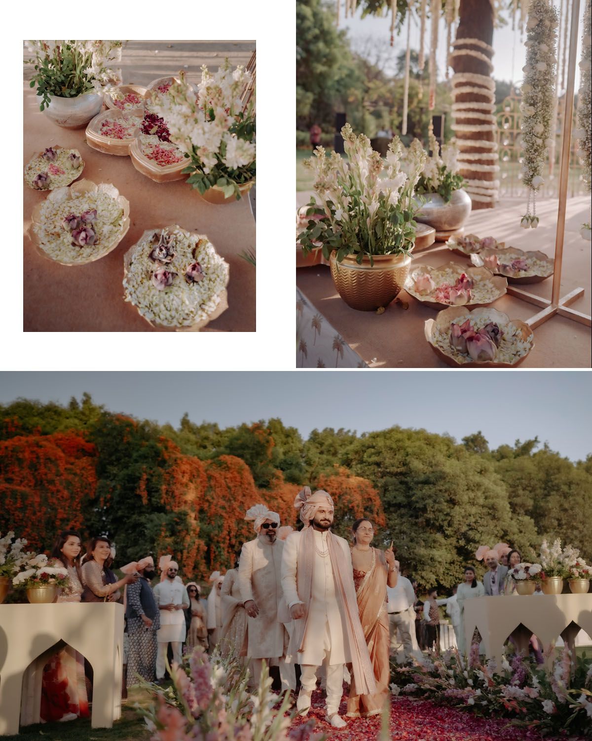 Elegant wedding decor featuring floral arrangements, vintage teacups, and an outdoor celebration with autumn foliage.
