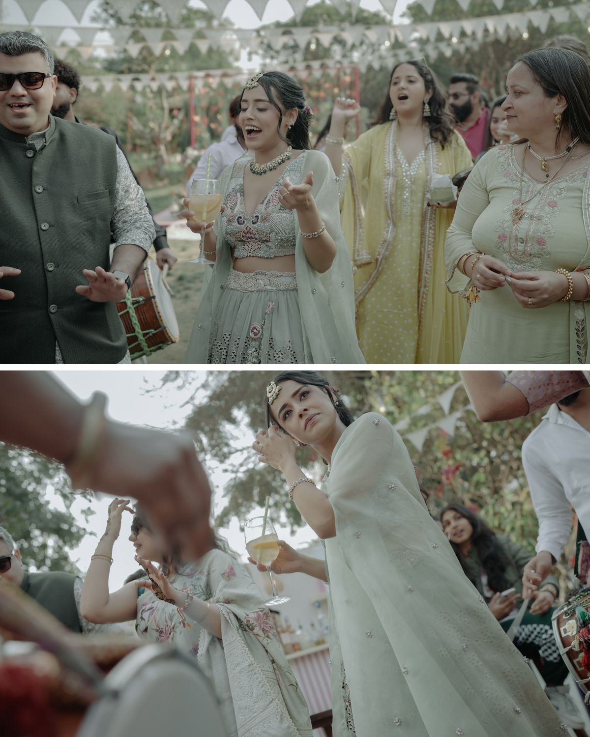 Wedding guests enjoying a lively outdoor celebration beneath white decorations, with traditional Indian attire and joyful dancing.
