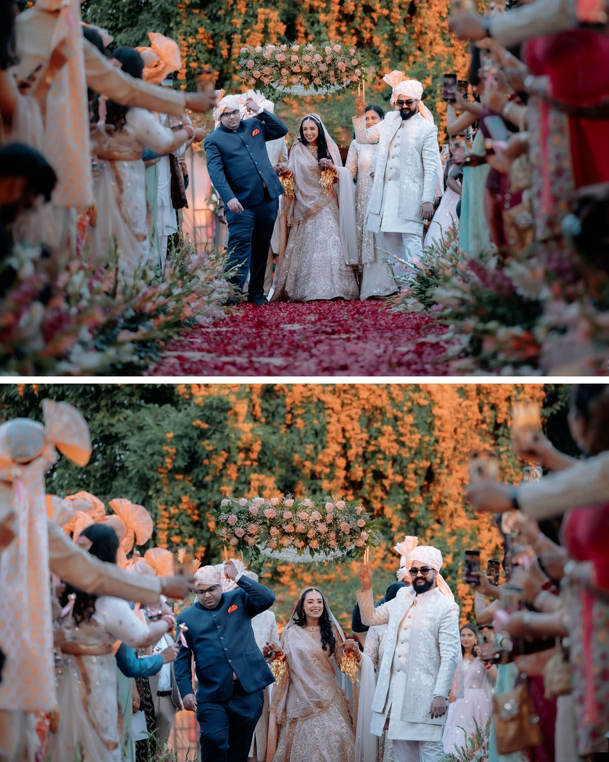 Wedding ceremony procession along a rose petal-covered aisle under hanging floral decorations.