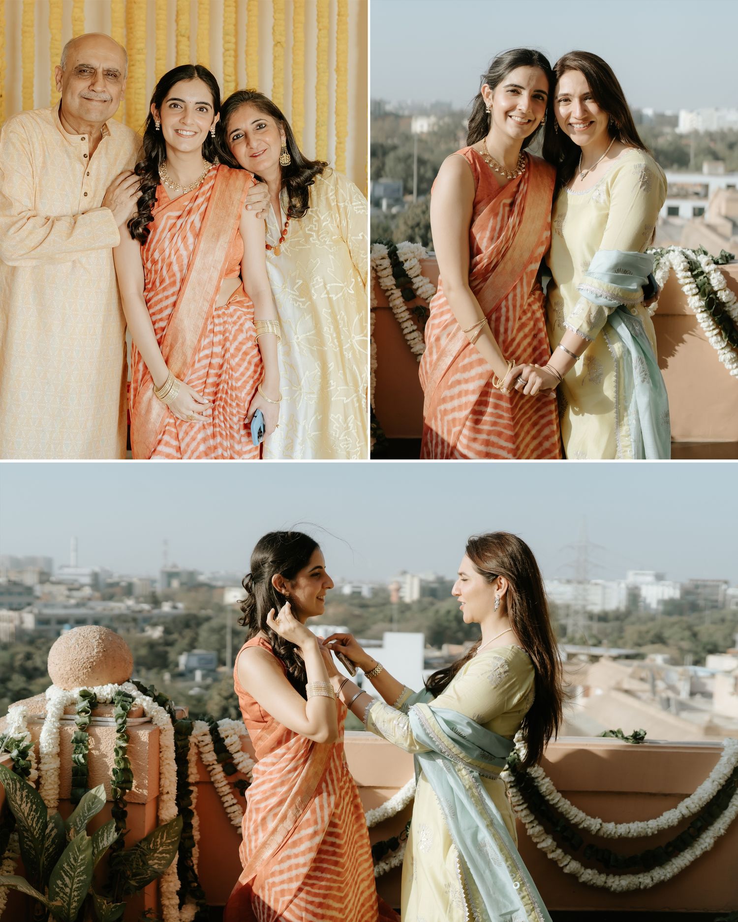 Family and friends in traditional Indian attire celebrate together on a rooftop decorated with floral garlands.