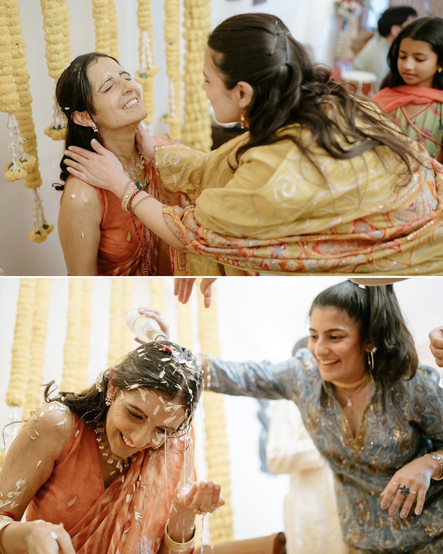 Women in colorful sarees celebrate a traditional Indian ceremony with joyful haldi ritual, laughing and applying turmeric paste.