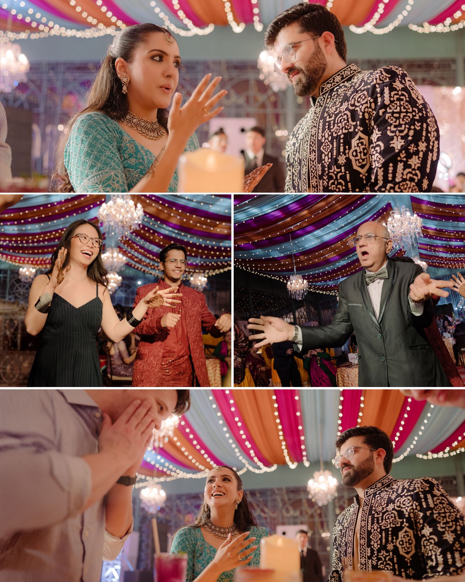 Colorful Indian wedding celebration with guests in traditional attire dancing under decorative lights.