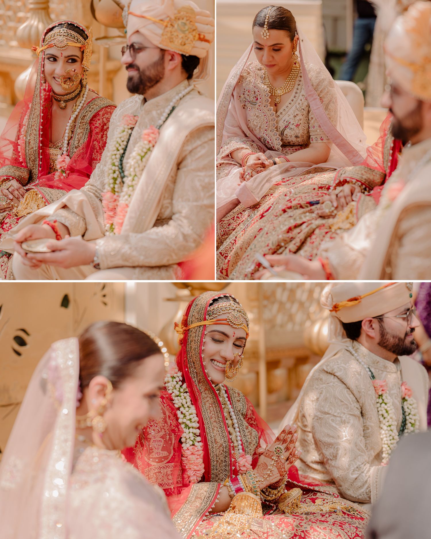 Bride and groom in traditional Indian wedding attire, bride wearing red lehenga with gold jewelry during Hindu ceremony.