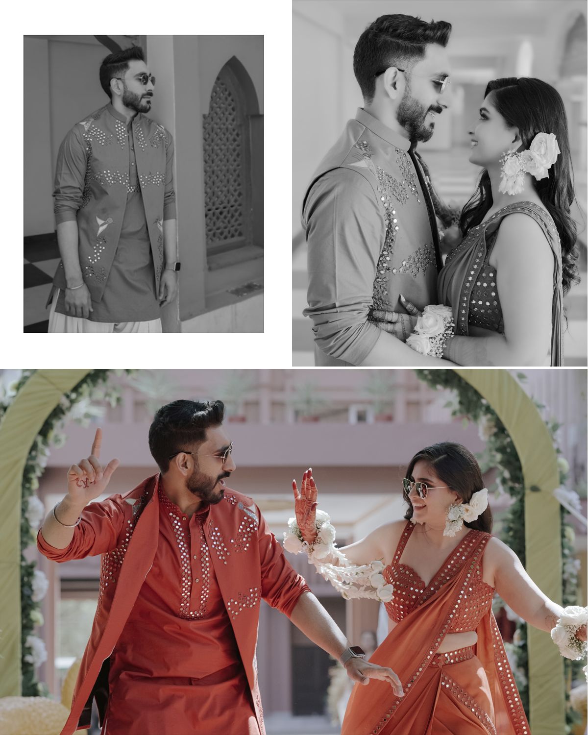 Wedding photoshoot collage showing couple in coordinated red and grey traditional Indian outfits.