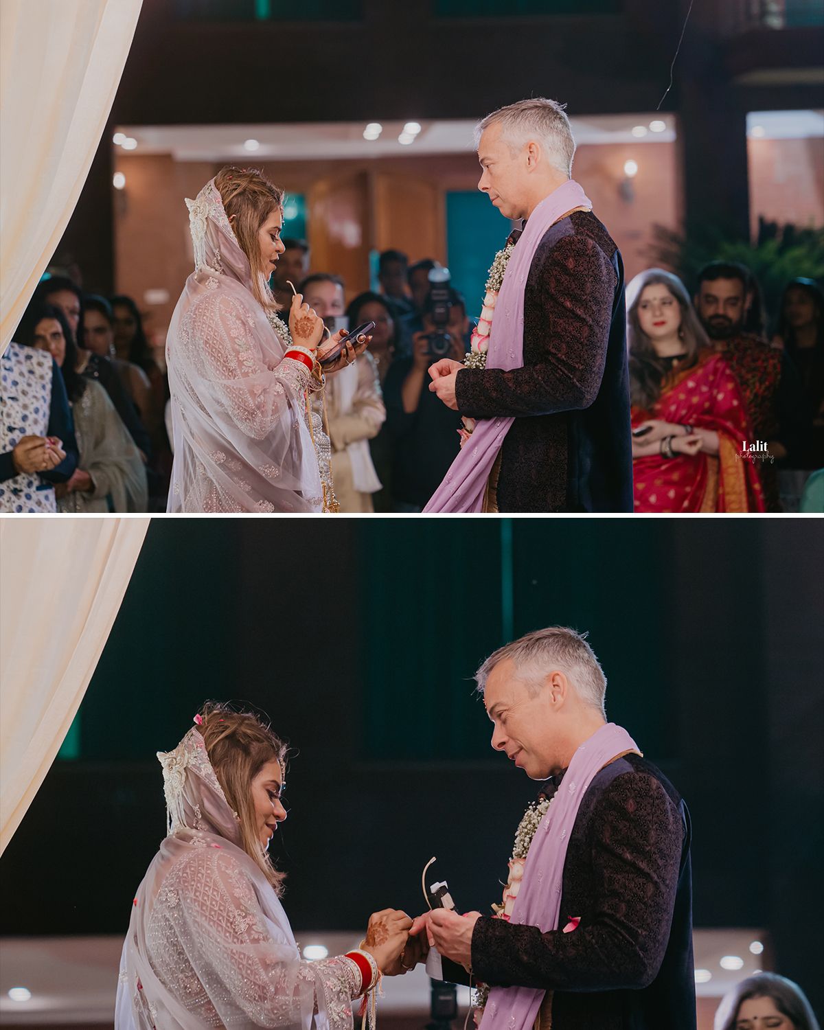 A couple exchanging rings during an elegant wedding ceremony under soft lighting.
