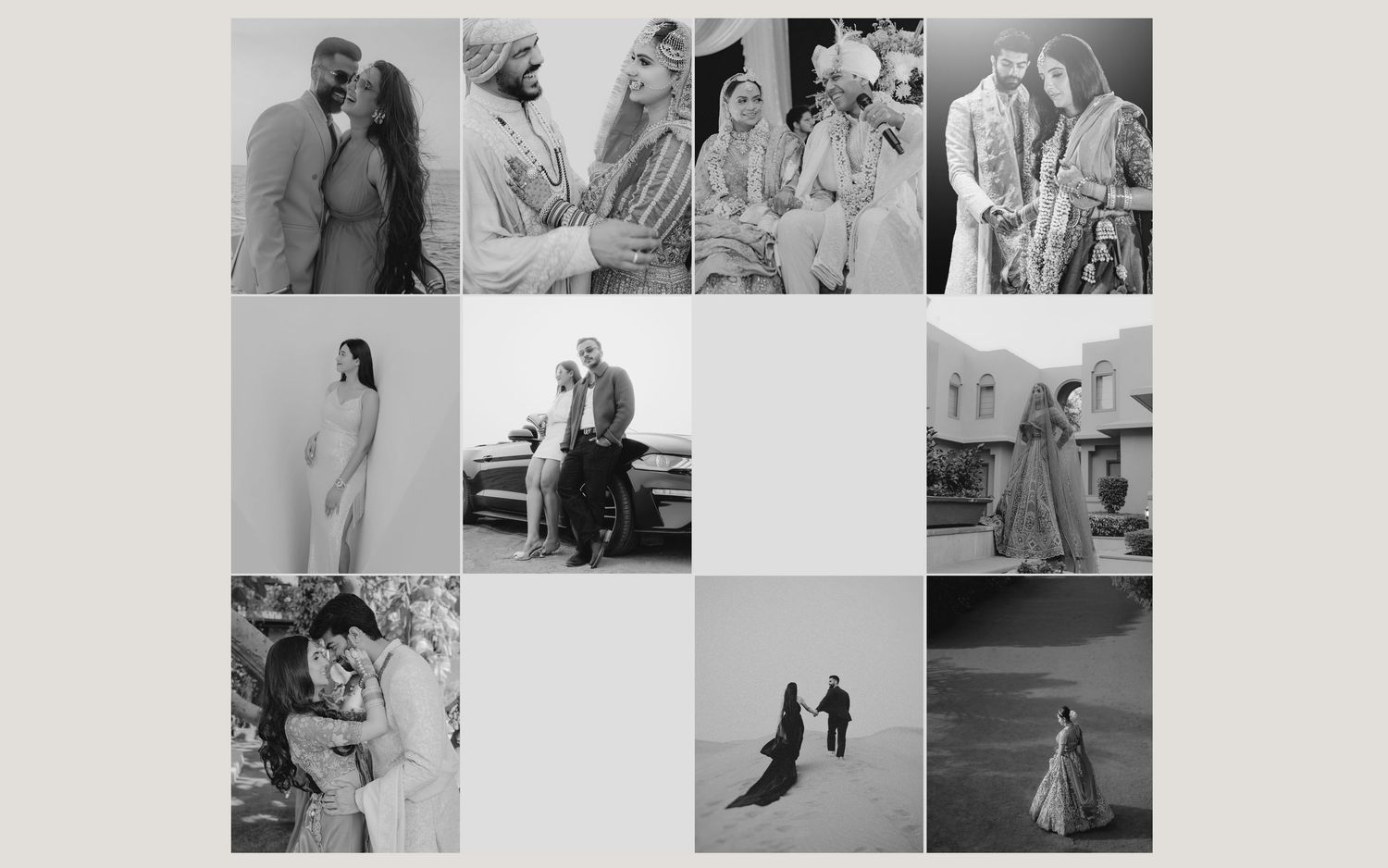 Black and white wedding photo collage featuring couples in formal and traditional attire, capturing romantic moments.