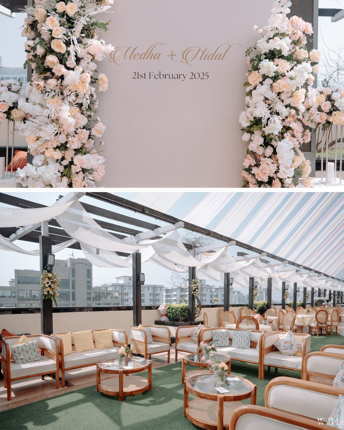 Blush pink and white floral wedding arch and outdoor seating arrangement.