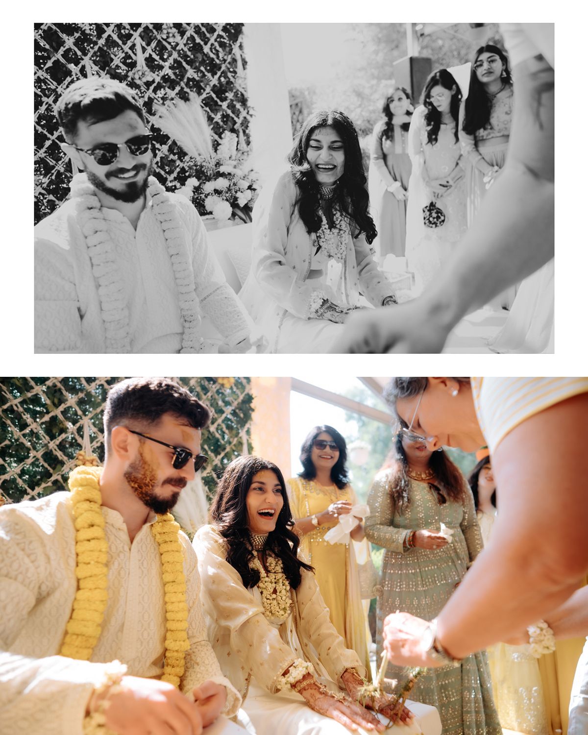 Festive celebration photos showing guests in traditional Indian wedding attire during ceremonial moments.