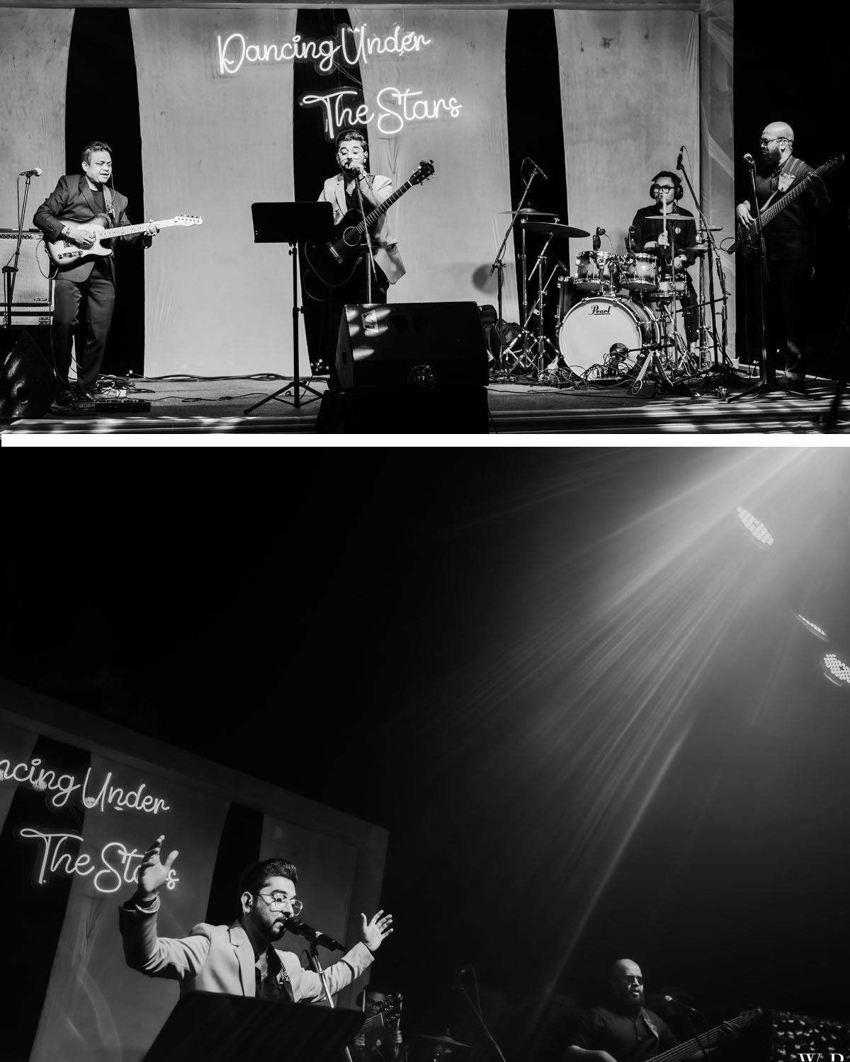 Black and white photograph of a four-piece band performing on stage with musical instruments and lighting effects.