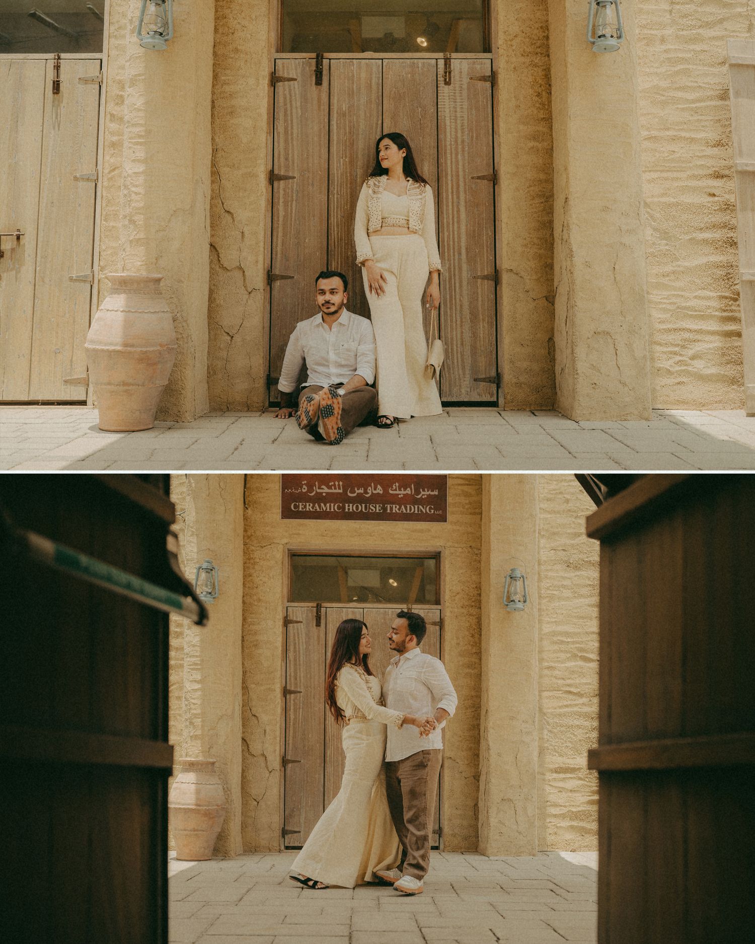Couple posing in front of a wooden door at Ceramic House Trading in a Middle Eastern setting, wearing elegant cream outfits.