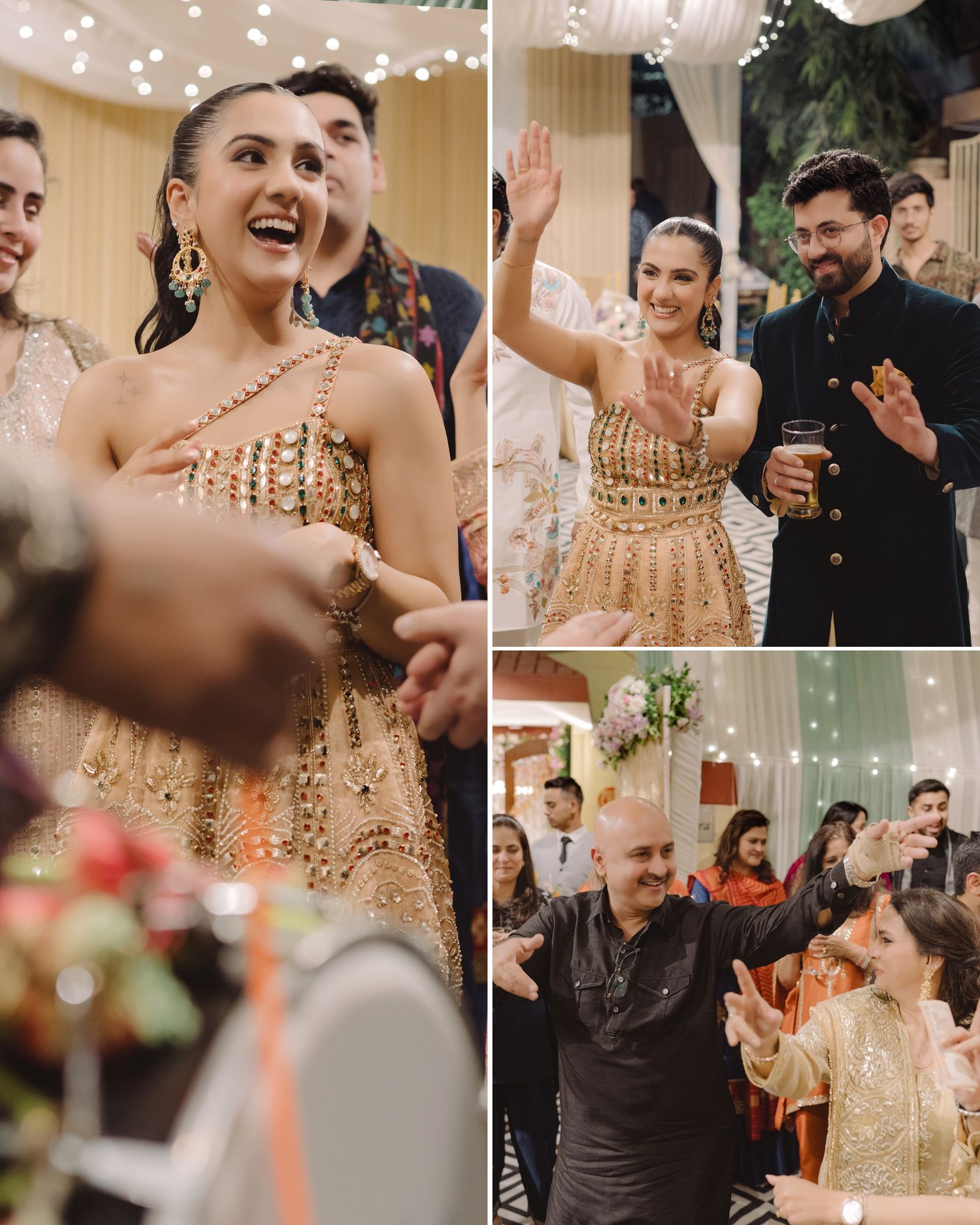 Woman in gold embroidered outfit laughing joyfully at a festive Indian wedding celebration with guests dancing.