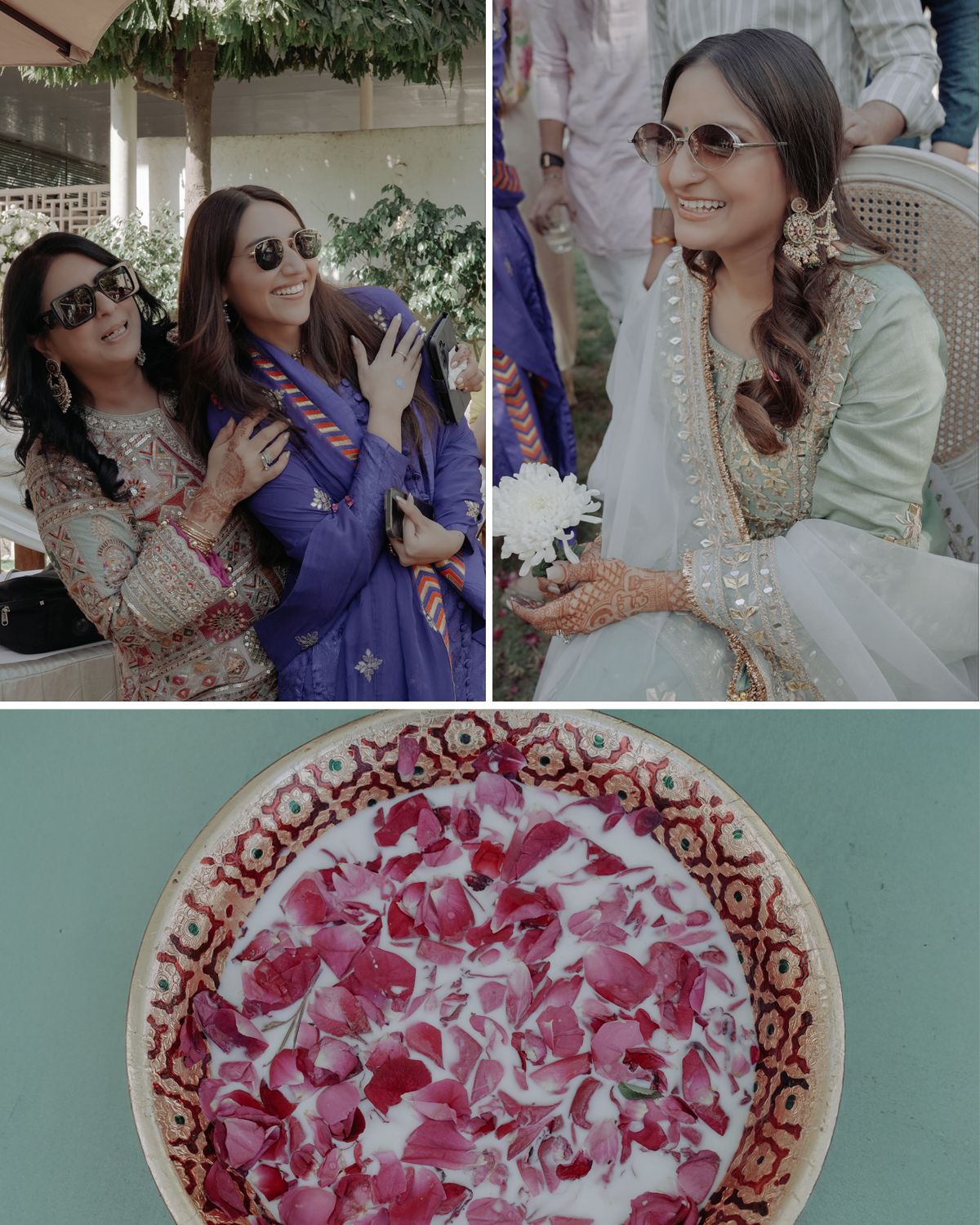 Wedding celebration with guests in traditional attire and a decorative red and white plate.