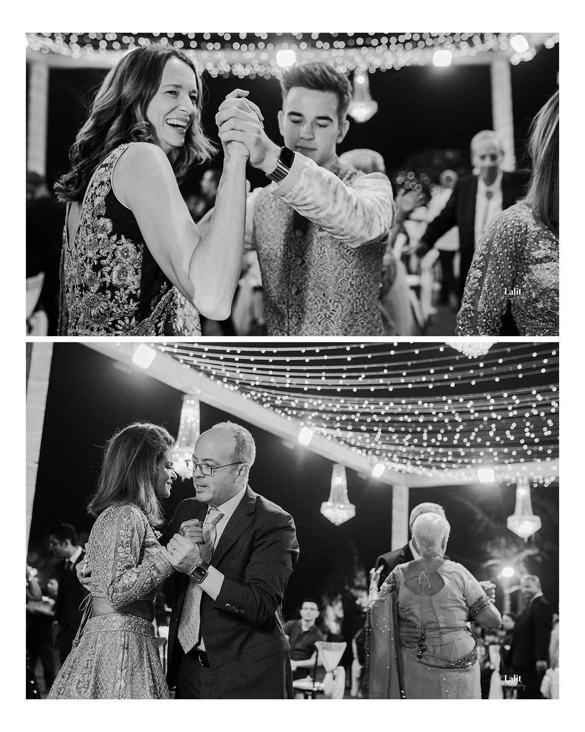 Two couples dance together under twinkling string lights at an elegant evening celebration.