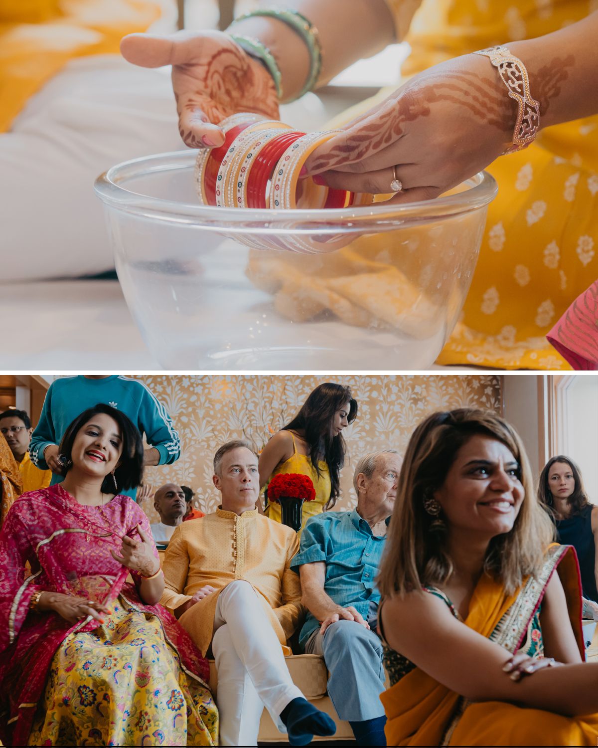 Wedding celebration with guests wearing traditional Indian attire and decorative bangles being dipped in water.
