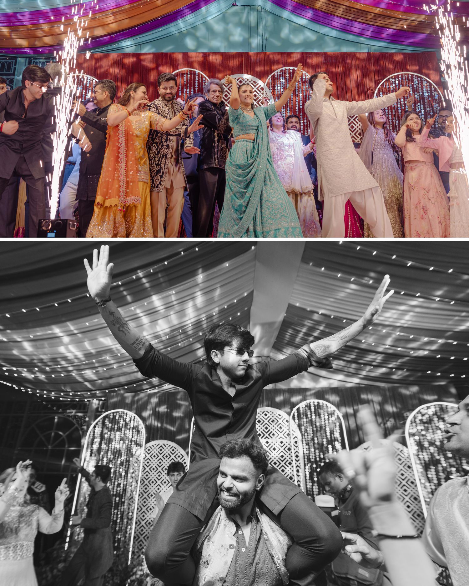 Vibrant South Asian wedding celebration with guests dancing in colorful traditional attire with sparklers, plus black and white groom photo.