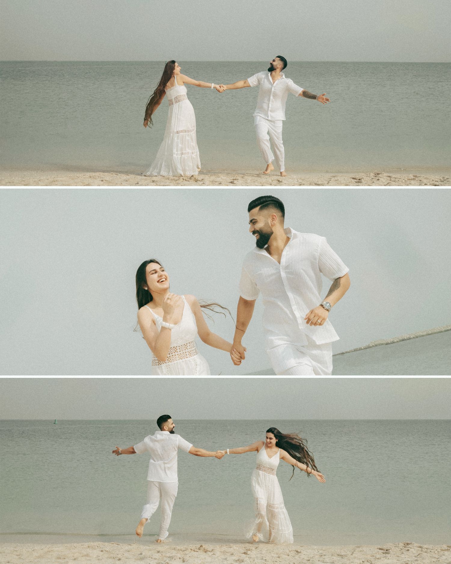 Couple in white outfits dancing and holding hands on a beach, with three romantic poses captured in a collage.